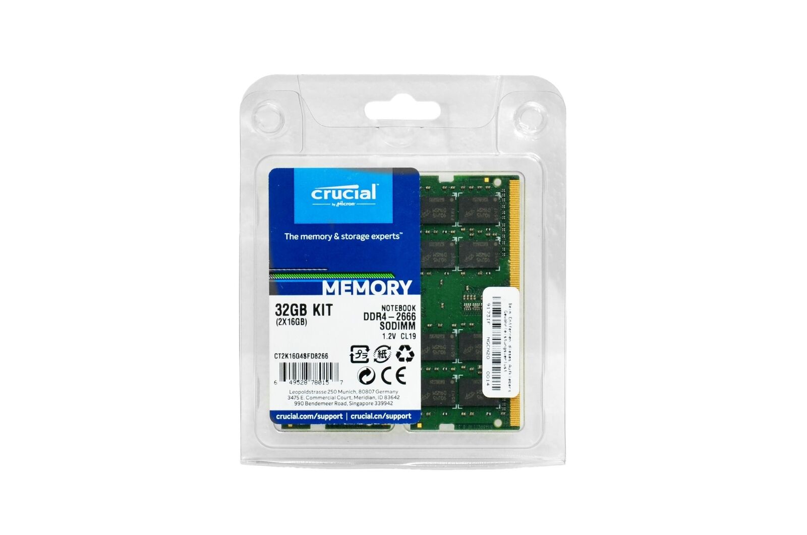 Memorie laptop Crucial 32GB, DDR4, 2666MHz, CL19, 1.2v, Dual Ranked x8, Dual Channel Kit CT2K16G4SFD8266