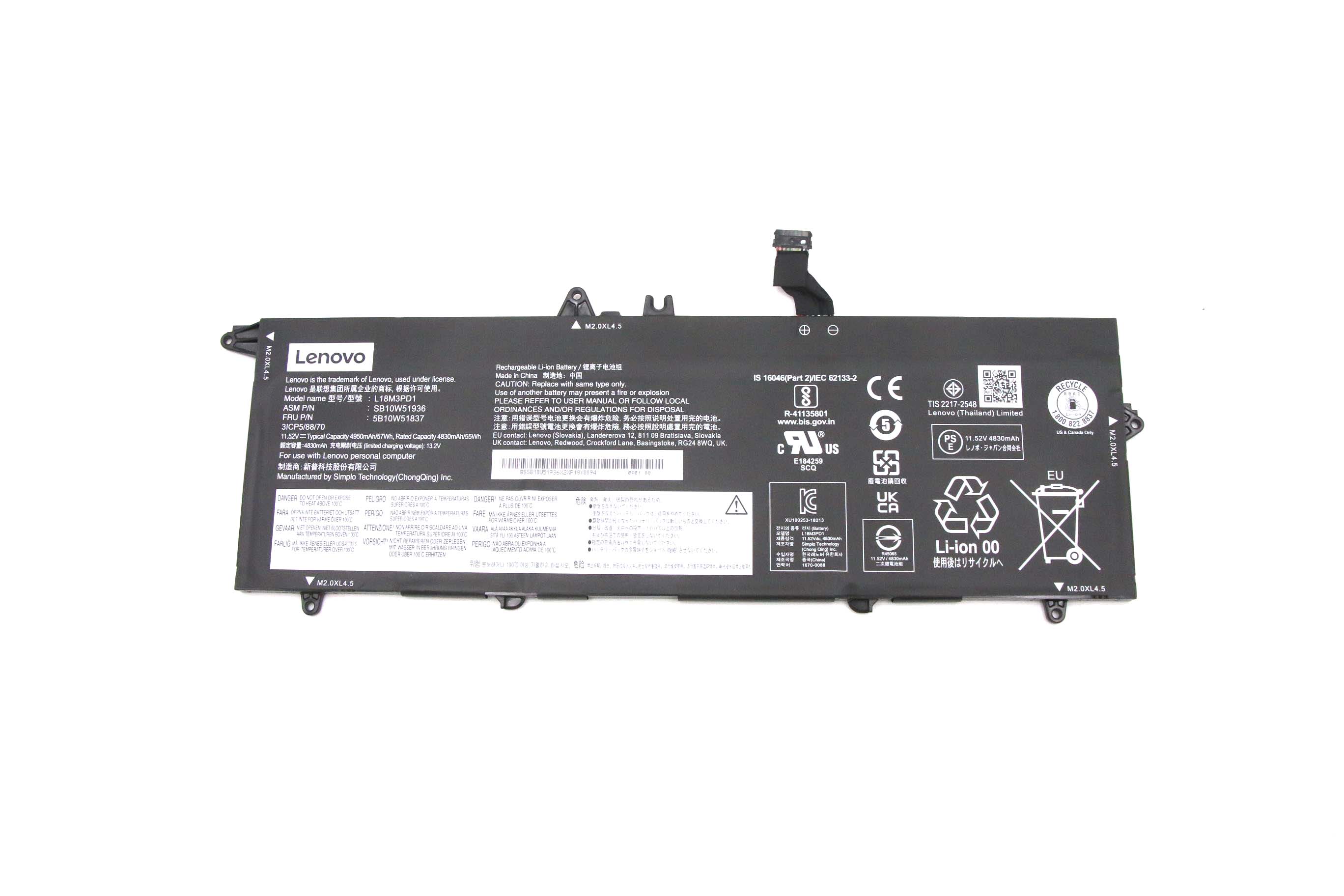 Baterie Laptop, Lenovo, ThinkPad 5B10W13909, 5B10W13910, 5B10W13911, 5B10W13912, 5B10W13955, 5B10W51836, 5B10W51837, 5B10W51839, 5B10W51840, 5B10W13878, 3ICP5/88/70, L18M3PD1, 11.52V, 4830mAh, 57Wh