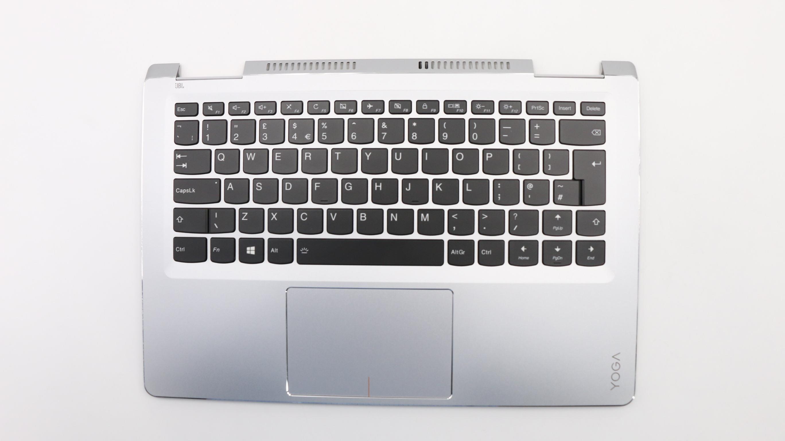 Carcasa superioara cu tastatura palmrest Laptop, Lenovo, Yoga 710-14ISK Type 80TY, 5CB0L47473, AM1JH000210, iluminata, argintie, layout UK