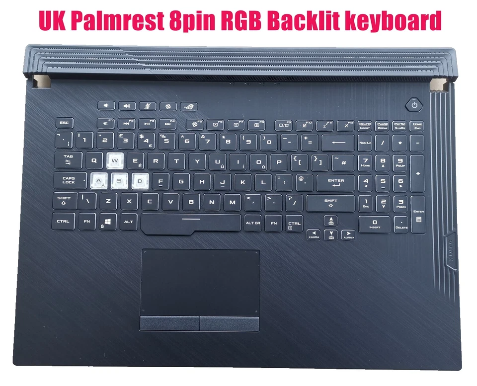 Carcasa superioara cu tastatura palmrest Laptop Gaming, Asus, ROG Strix G G731G, G731GT, G731GU, 90NR01T3-R33UK0, G731GU-1C, 13N1-9BA0911, 13NR01Q3AP0311, iluminata, conector RGB 8 pini, conector touchpad 8 pini, layout UK