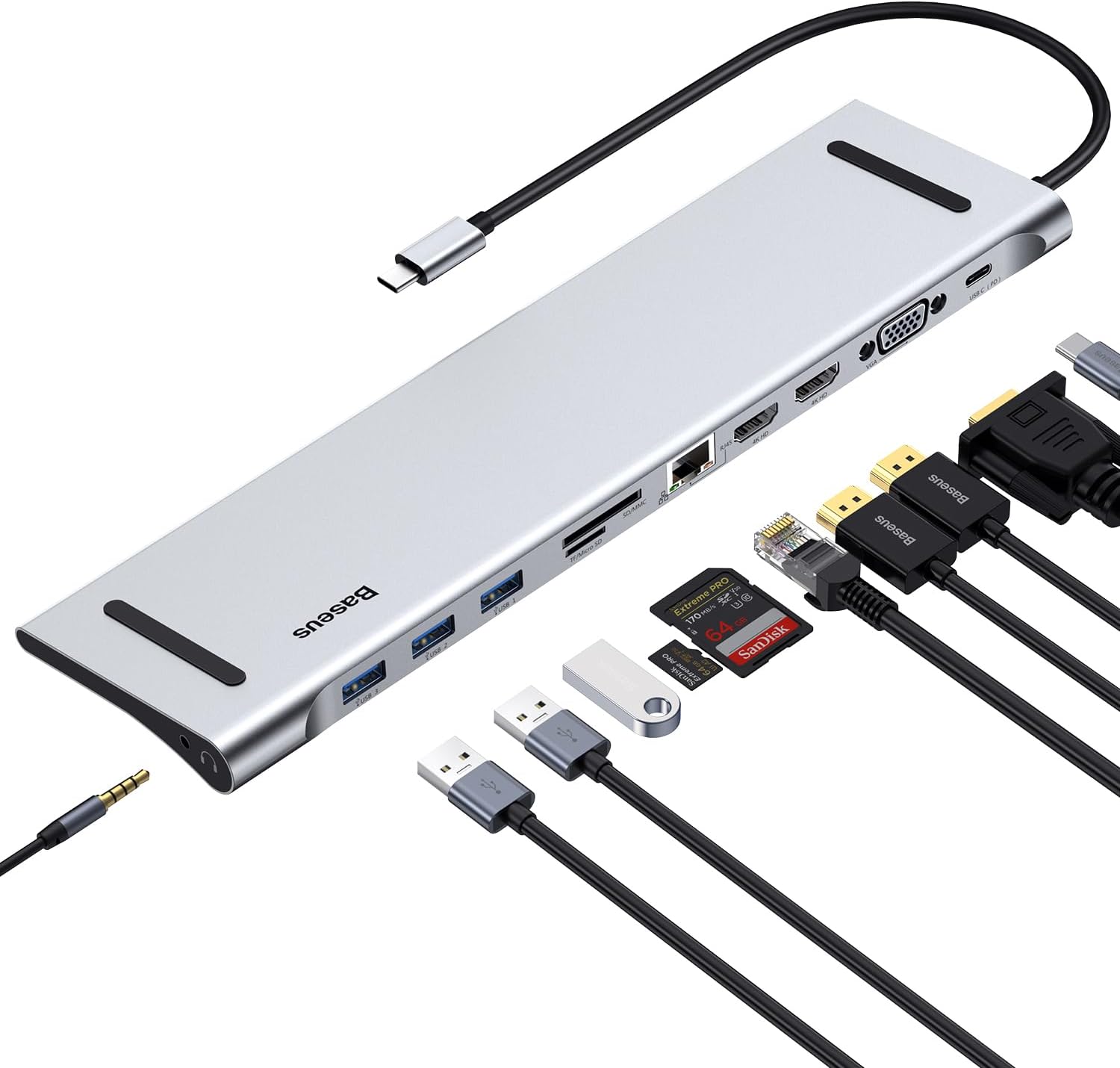 Statie de andocare Docking Station Baseus 11 in 1 (2024) USB-C pentru 3 monitoare cu 2 x HDMI, 4K, 1 VGA, 3 X USB 3.0, cititor de carduri SD/TF, Ethernet 1Gbps, audio 3.5mm, hub USB C pentru MacBook Pro/Air, pentru PC