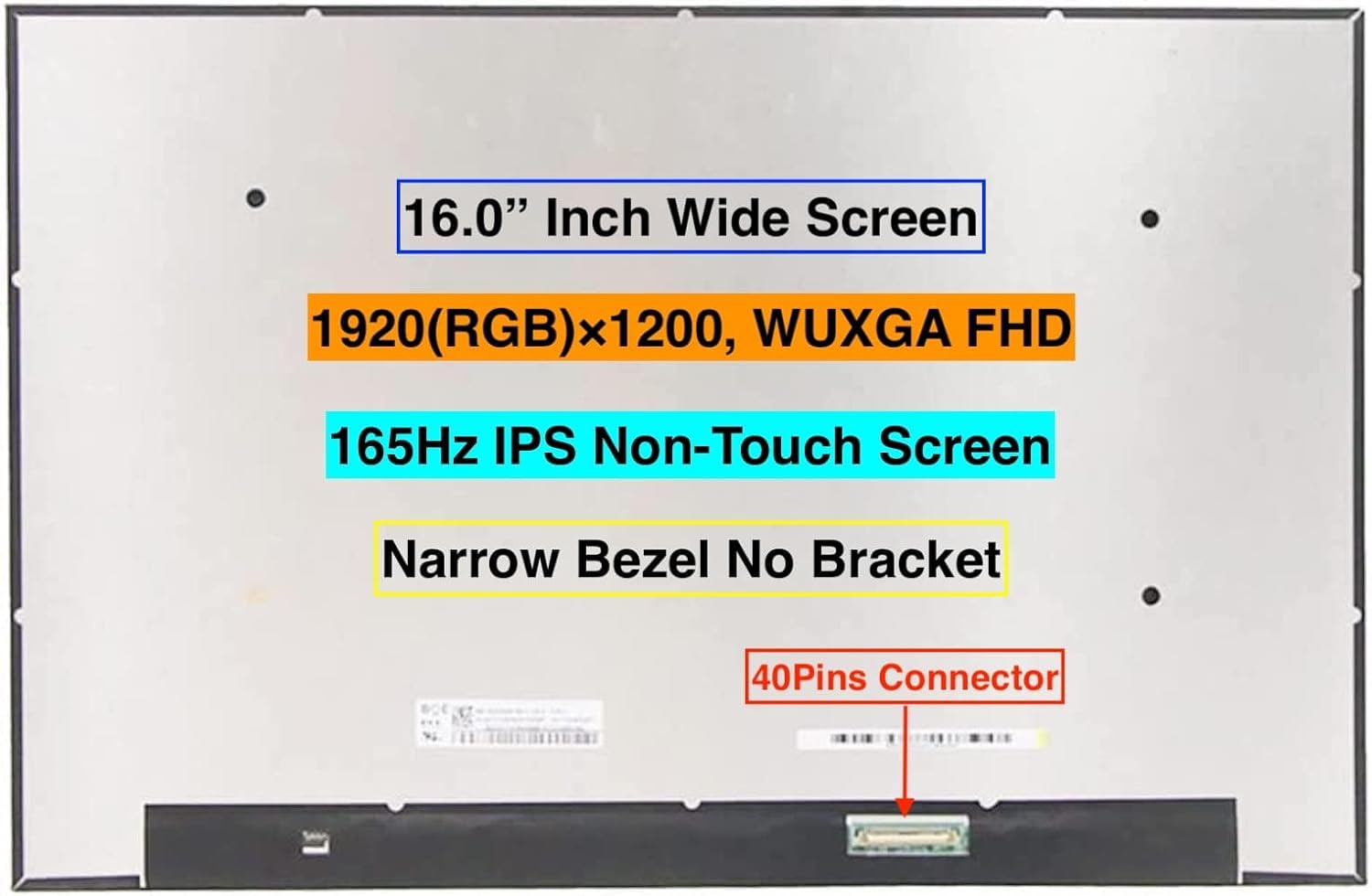 Display Laptop, InnoLux, N160JME-GE1 Rev. C1, N160JME-GEK, N160JME-GT1, N160JME-GTK, 16.0 inch, 1920x1200 FHD+, IPS, 165Hz, conector 25mm, 40 pini