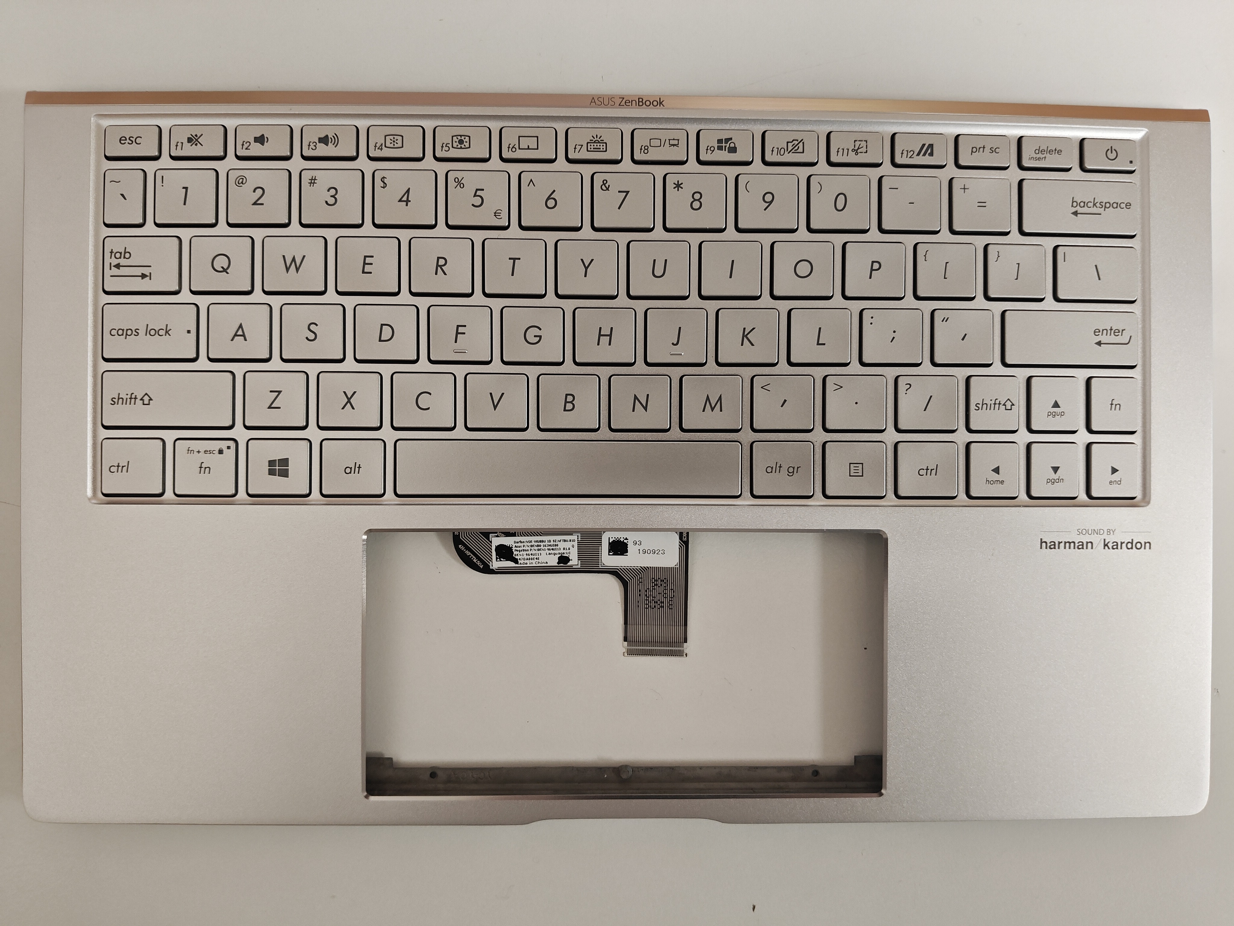 Carcasa superioara cu tastatura palmrest Laptop, Asus, ZenBook 13 UX334F, UX334FA, UX334FAC, UX334FL, UX334FLC, 90NB0MW7-R31UI0, 90NB0MW7-R31US0, 13N1-96A0Q11, UX334FL-3S, iluminata, argintie, layout US