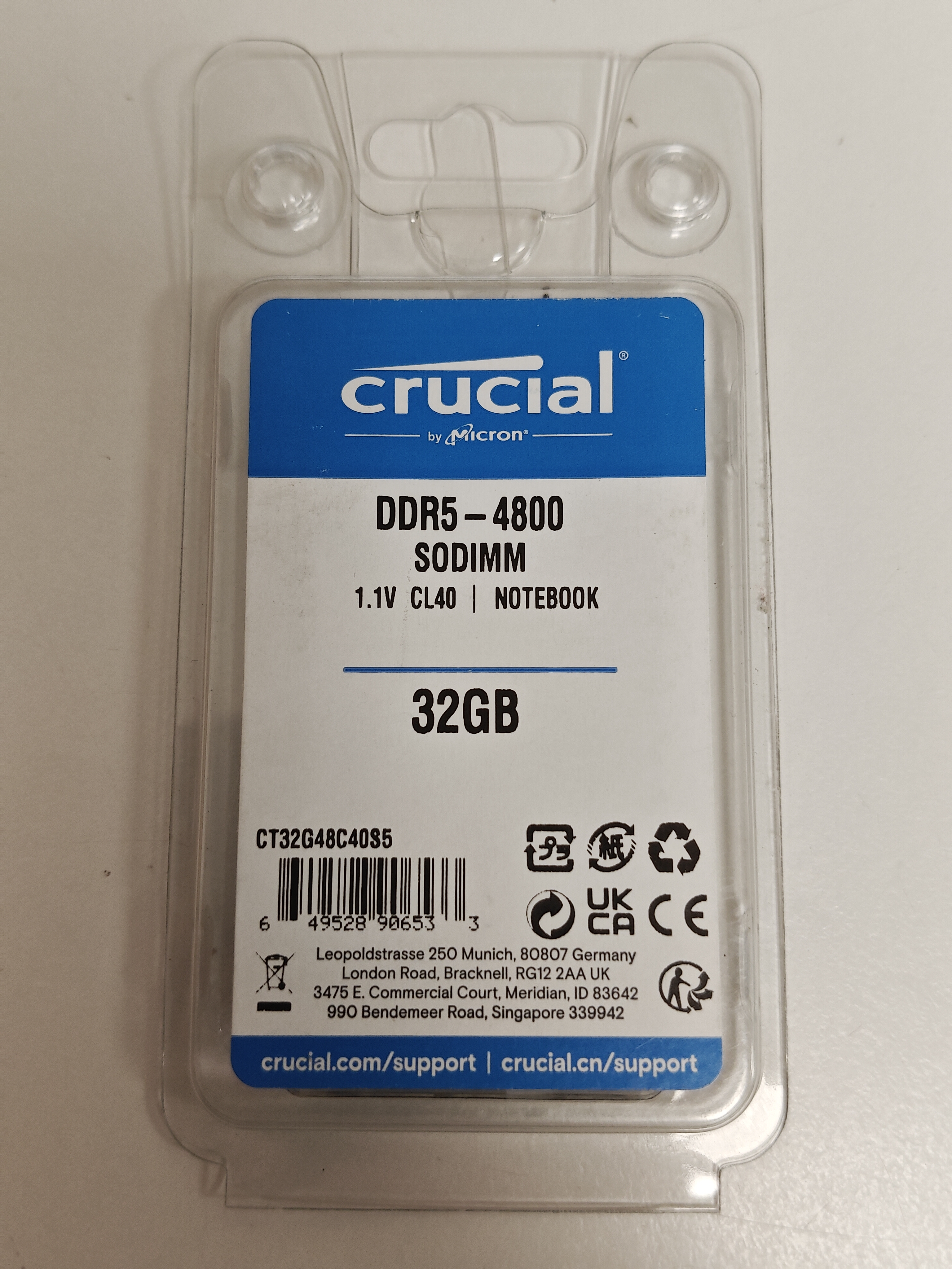 Memorie Ram Laptop, Crucial 32GB, DDR5, 2Rx8, PC5-4800Mhz, 1.1V, CL40, PC5-38400, CT32G48C40S5.C16A1, Non-ECC, sodimm, 262 pini