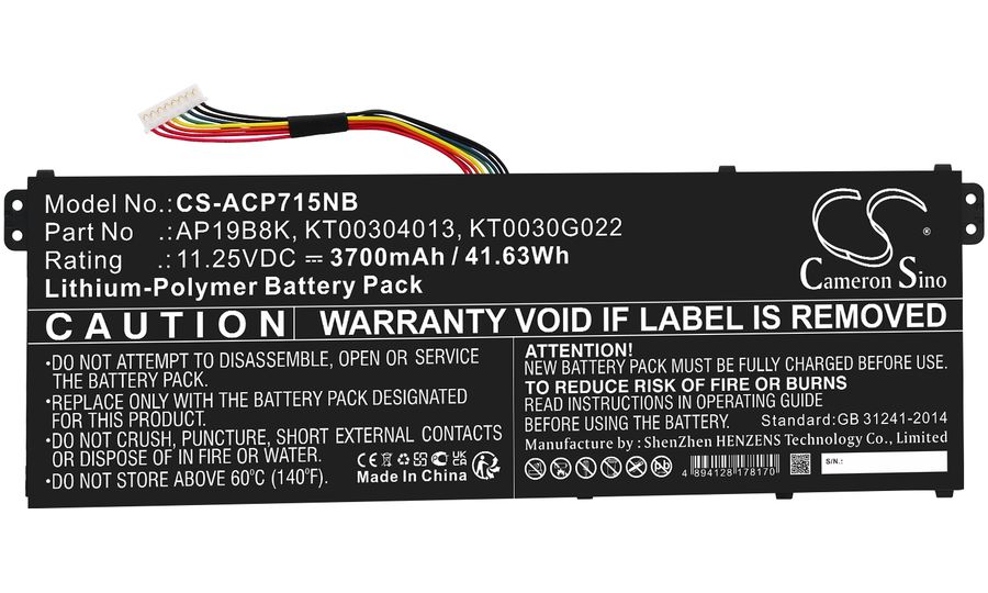 Baterie compatibila Laptop, Acer, TravelMate P2 TMP214-51, TMP214-52, TMP215-51, KT.0030G.022, 3INP5/82/70, CS-ACP715NB, AP19B8K, 11.25V, 3700mAh, 41.63Wh