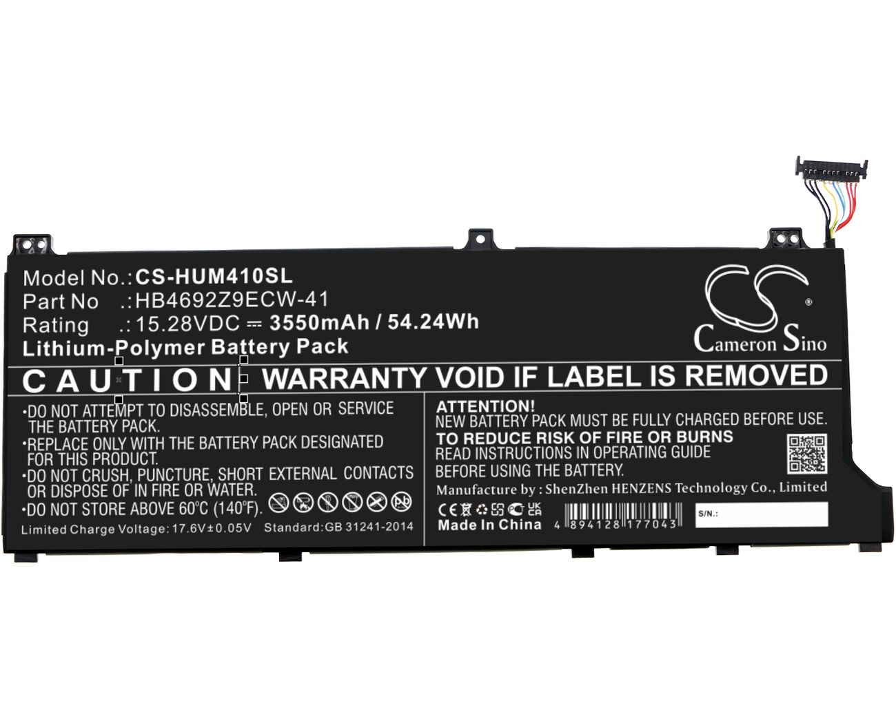 Baterie compatibila Laptop, Huawei, MateBook D 14-53010TVS, CS-HUM410SL, HB4692Z9ECW-41, 15.28V, 3550mAh, 54.25Wh