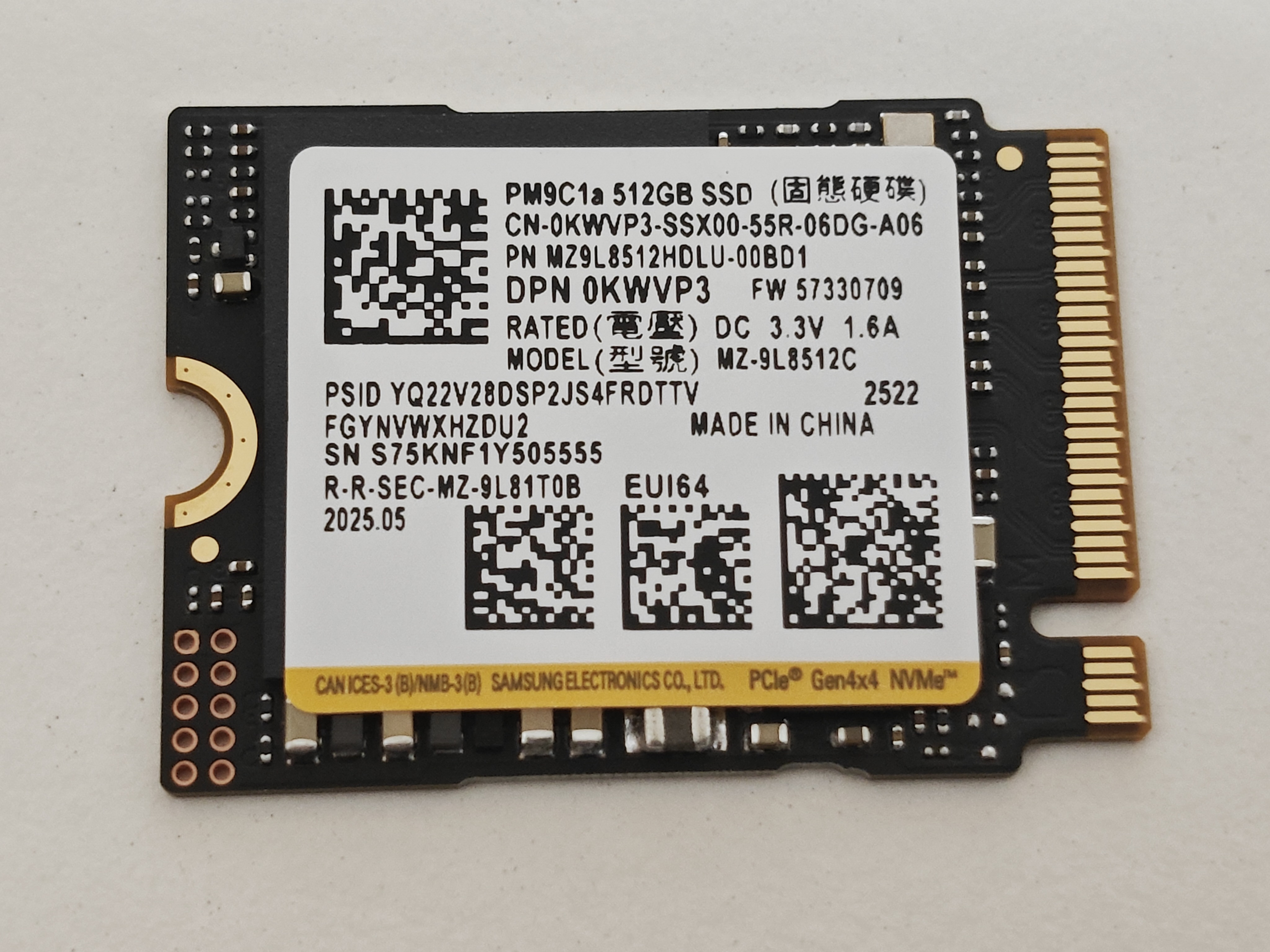 Solid State Drive (SSD) Laptop Samsung, PM9C1A, 512GB, PCIe Gen 4 x4, M.2 format 2230, 0KWVP3, 6000MB/S, 5300MB/S