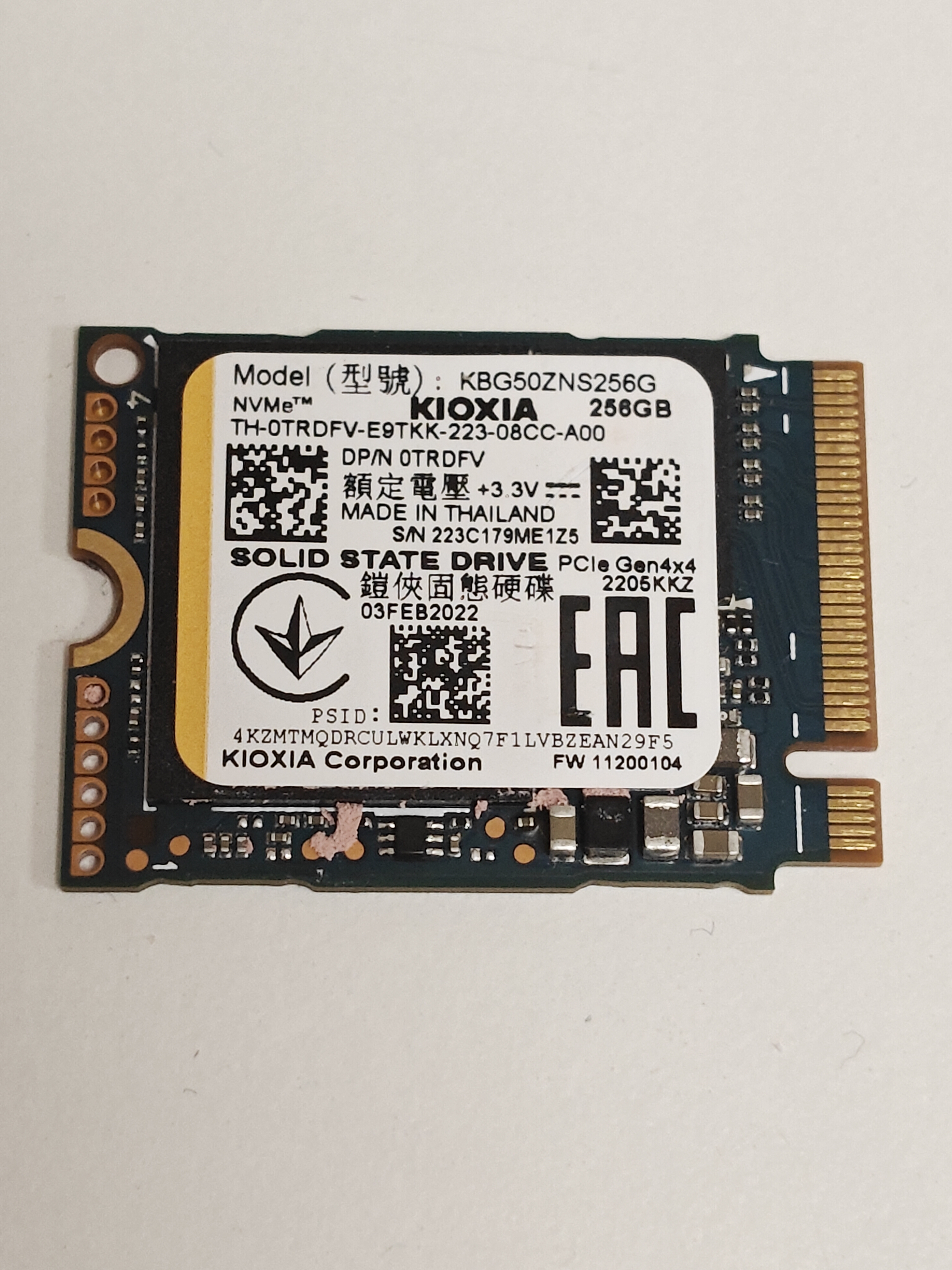 Solid State Drive (SSD) Laptop Kioxia, KBG50ZNS256G, 256GB, PCIe Gen 4 x4, M.2 format 2230, TRDFV, 3400MB/S, 1900MB/S