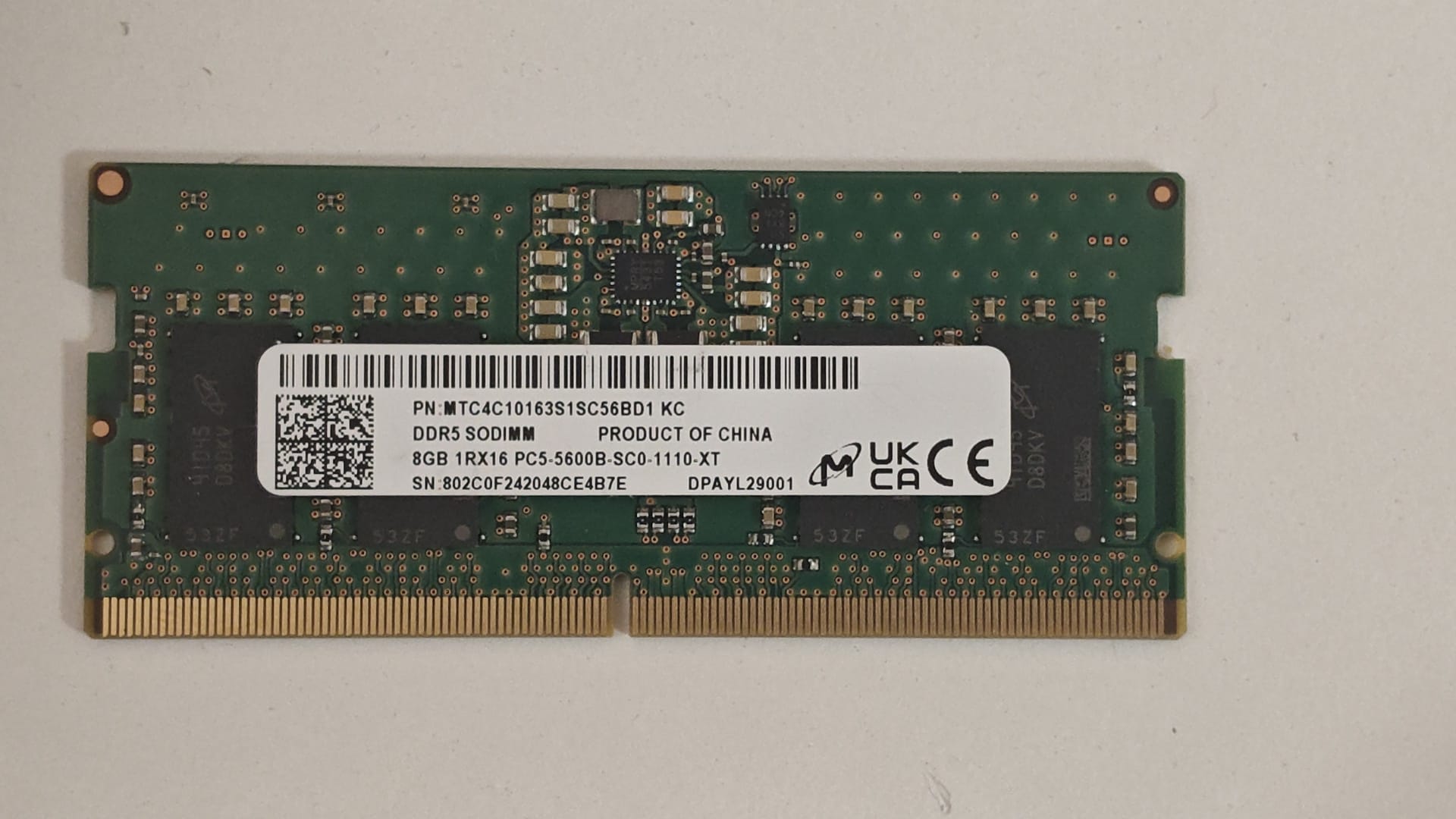 Memorie ram Laptop Micron 8GB, DDR5, 1Rx16, 5600Mhz, MTC4C10163S1SC56BD1, PC5-5600B, CL46, 1.1V, Non-ECC, sodimm, 262 pini, bulk