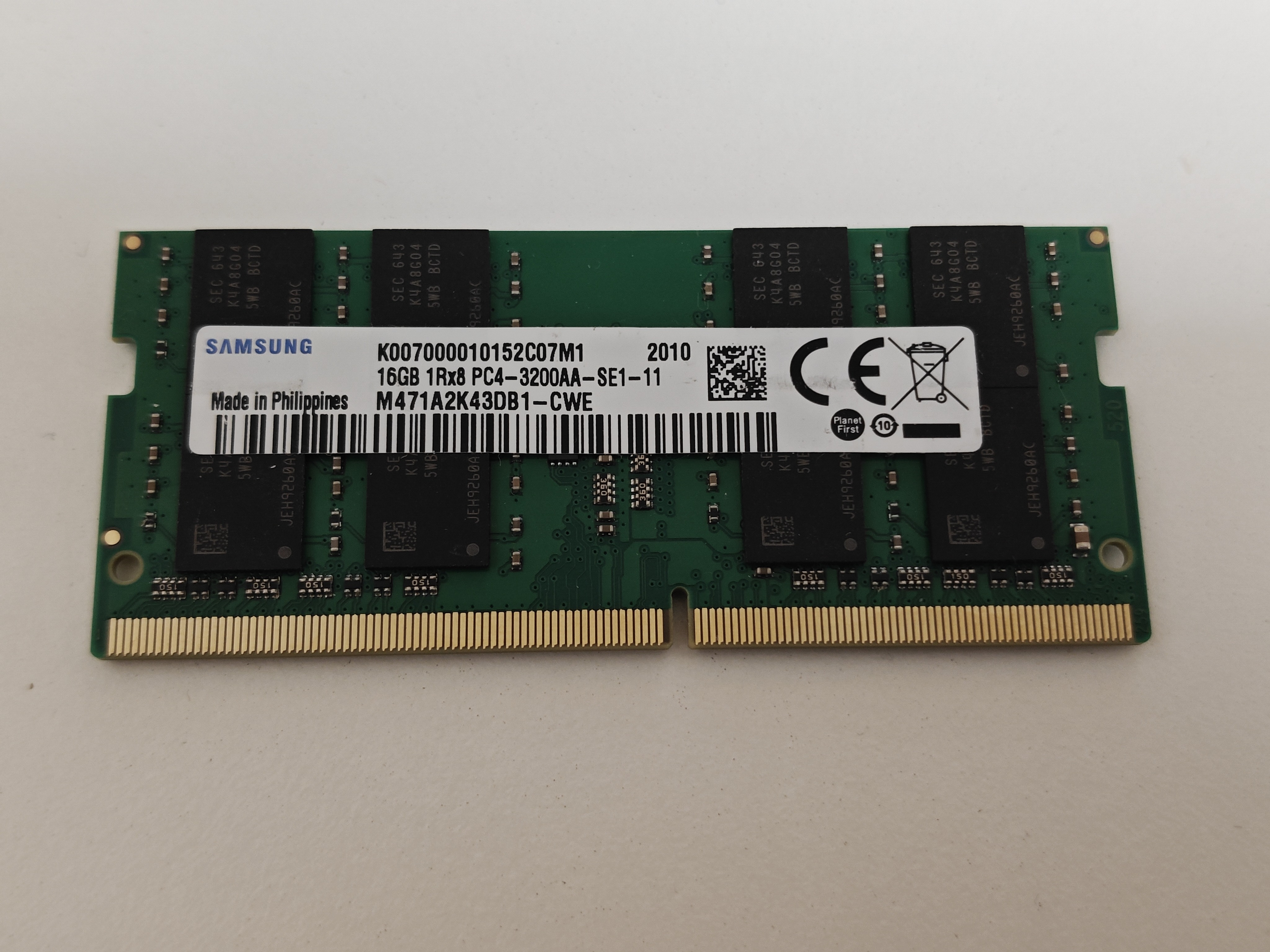 Memorie Ram Laptop, Samsung 16GB, DDR4, 1Rx8, PC4-3200AA, 1.2V, CL22, PC4-25600, M471A2K43DB1-CWE, 3200Mhz, Non-ECC, Unbuffered, sodimm, 260 pini