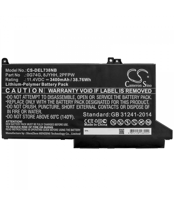 Baterie compatibila Laptop 2-in-1, Dell, Latitude 5310, P96G, P96G001, CS-DEL738NB, 0G74G, 8JYHH, 2PFPW, 11.4V, 3400mAh, 38.76Wh