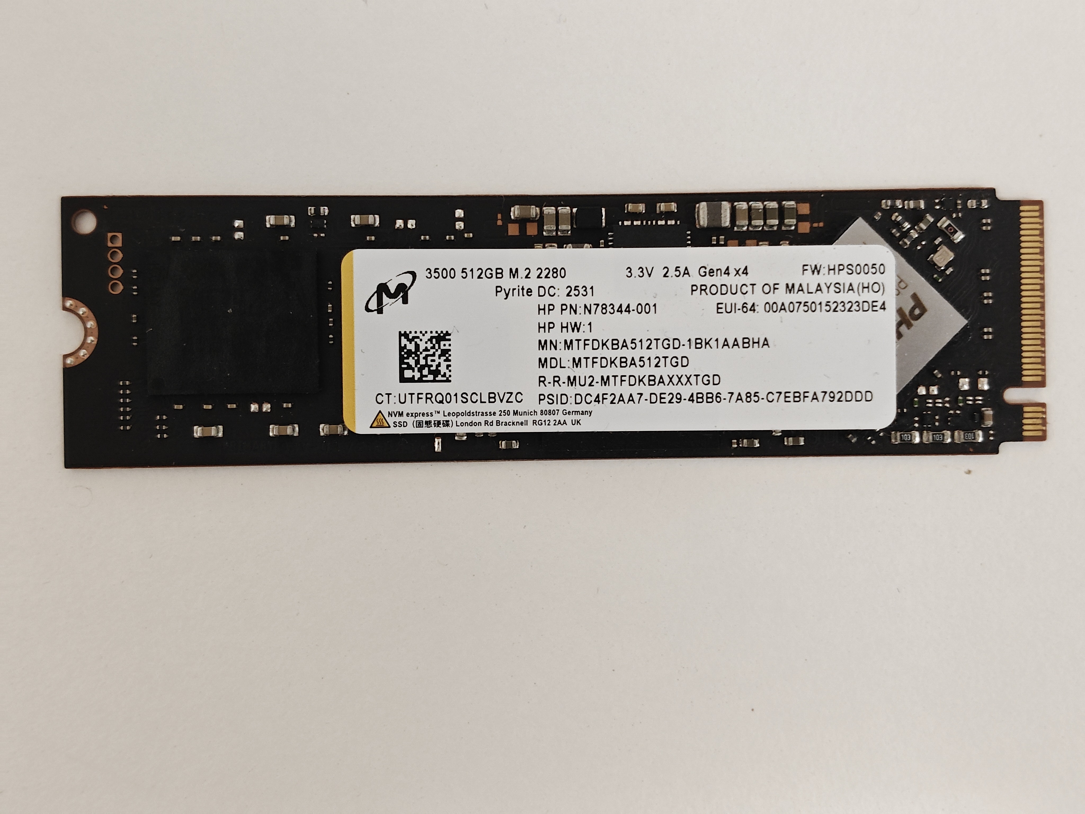 Solid State Drive (SSD) Micron, 512GB, PCIe Gen 4.0 x 4, NVMe M.2, MTFDKBA512TGD-1BK1AABHA, 8000 MB/s, 4100 MB/s, Laptop/Desktop