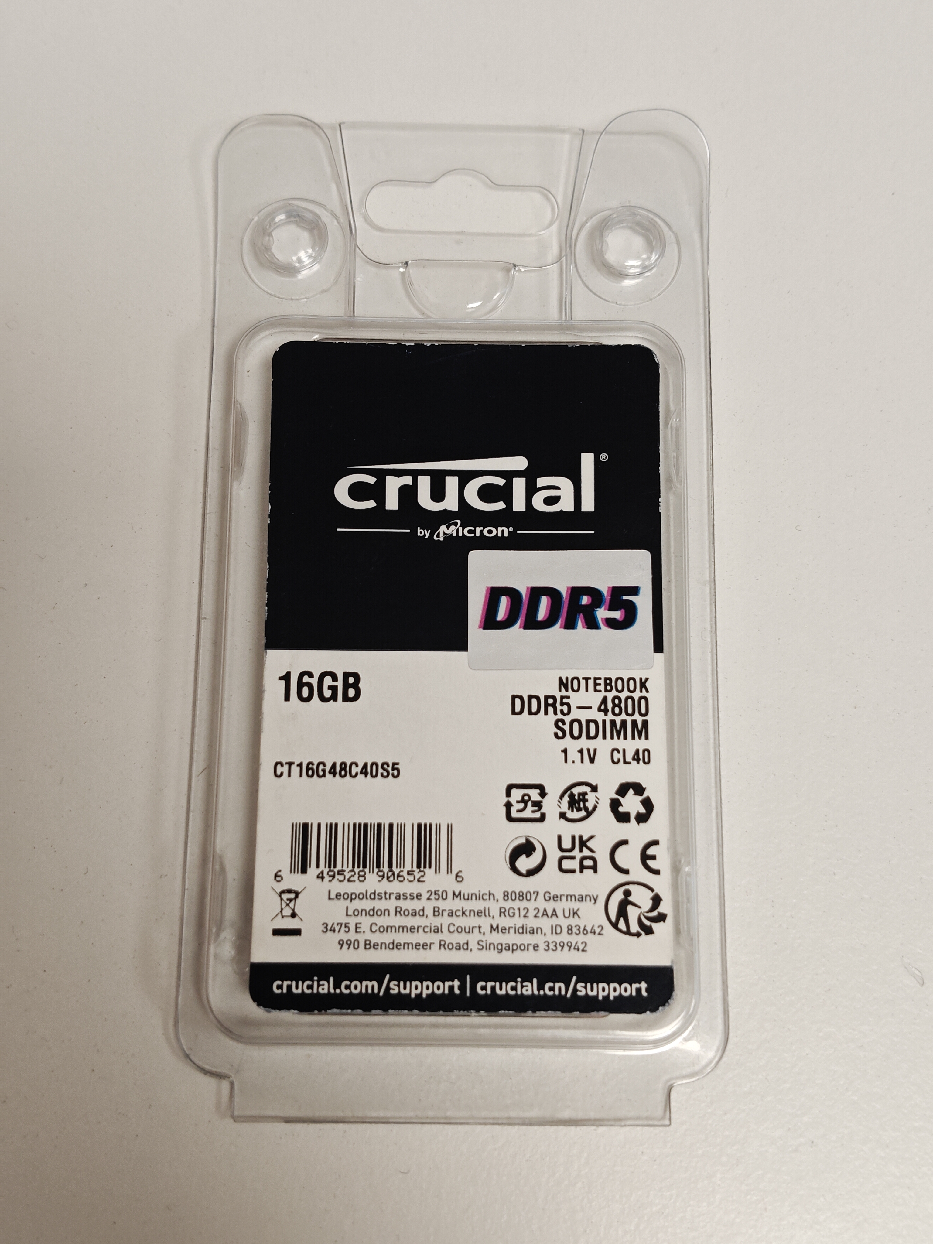 Memorie ram Laptop Crucial 16GB, DDR5, 1Rx8, 4800Mhz, PC5-4800B, CT16G48C40S5, PC5-38400, CL40, 1.1V, Non-ECC, sodimm, 262 pini