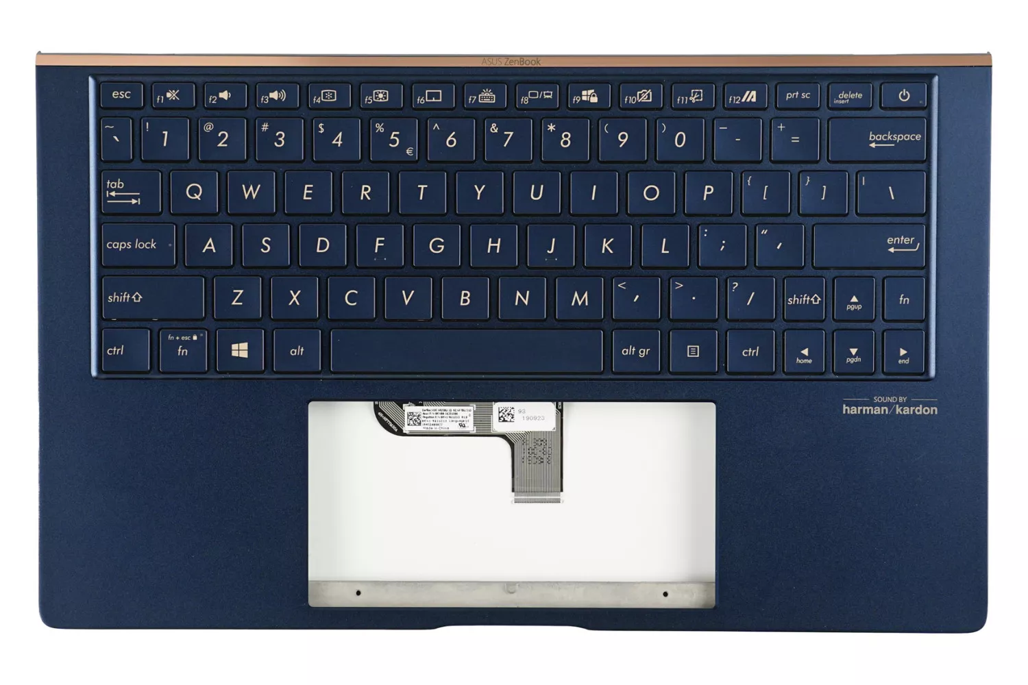 Carcasa superioara cu tastatura palmrest Laptop, Asus, ZenBook 13 UX334F, UX334FA, UX334FAC, UX334FL, UX334FLC, 90NB0MX3-R31UI0, 90NB0MX3-R31US0, 13N1-96A0F11, UX334FA-3B, iluminata, albastra, layout US