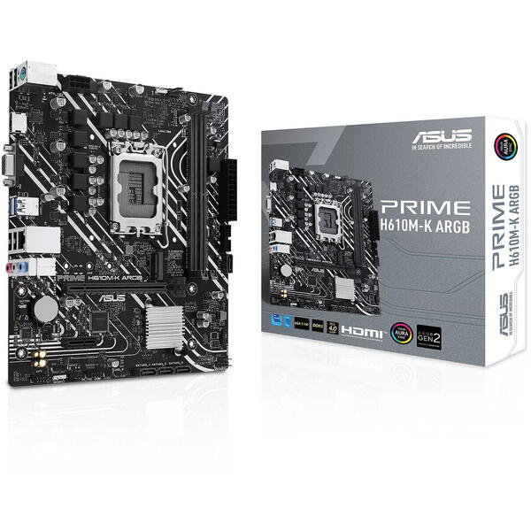 Placa de baza calculator PC Desktop, Asus, Prime H610M-K ARGB, Intel, LGA 1700, DDR5, Micro ATX, mATX, M.2 Aura, Chipset H610, 90MB1G90-M0EAY0