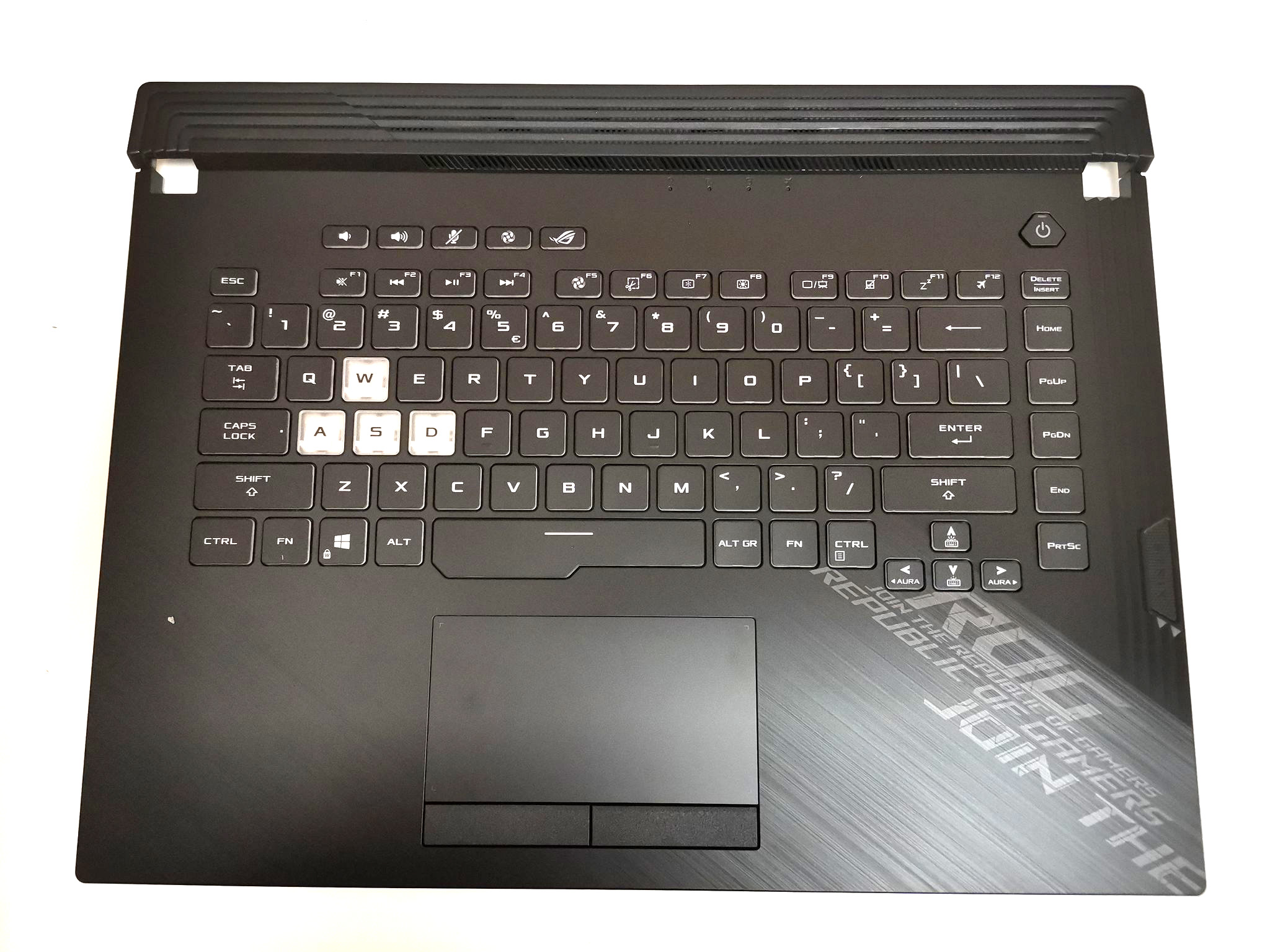 Carcasa superioara cu tastatura palmrest Laptop Gaming, Asus, ROG Strix G15 G512LI, 90NR0341-R32UI0, G512LWS-1C, conector iluminare RGB 8 pini, conector touchpad 8 pini, neagra, layout US