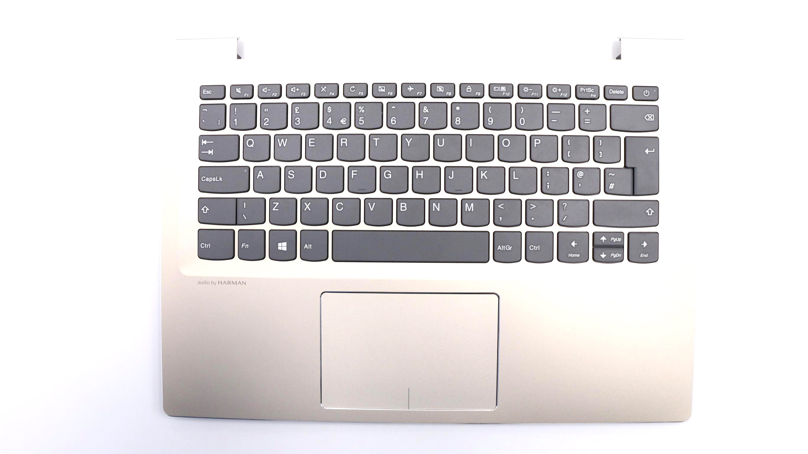 Carcasa superioara cu tastatura palmrest Laptop, Lenovo, IdeaPad 520S-14IKB Type 80X2, 520S-14IKB Type 81BL, 5CB0N78390, cu iluminare, aurie, layout UK